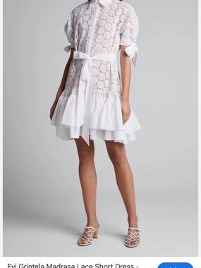 Evi grintela White Madras Lace Mini Dress with Tie Waist USA xs fit small